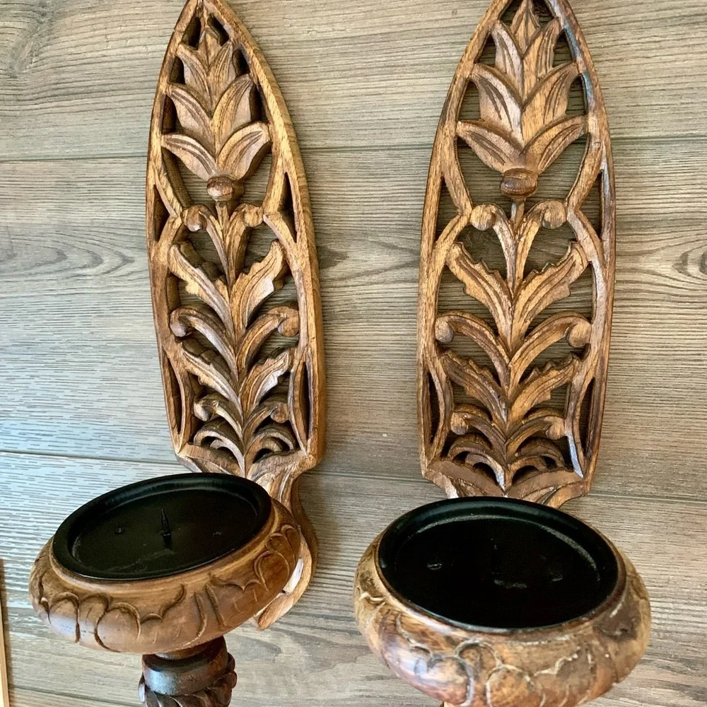Vintage Pair Of Hand carved Wooden Ornate Wall Candle Holders